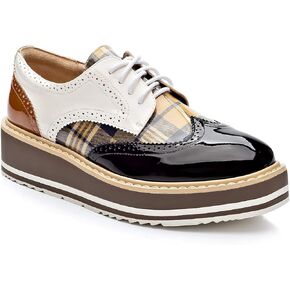 Handcrafted Lace-up Brogue Plaid Four Seasons Women Oxford Shoes(8.5 M US, Black Plaid)