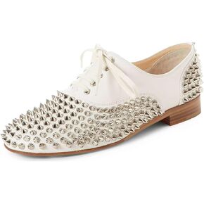 FSJ Women Spike Low Chunky Heel Oxford Shoes Studded Rivets Round Toe Comfortable Brogues Lace up Casual Unisex Dress Pump Shoes Size 4-16 US