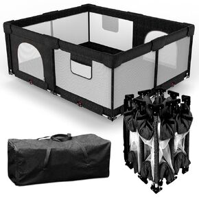 Dearlomum Foldable Baby Playpen with Gate, Extra Large Collapsible Play Yard for Babies & Toddlers, Portable Travel Playpen, Baby Activity Center for Indoor & Outdoor Use (Black 59"×71")