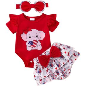 Fourth Of July Baby Girl Outfit Ruffle Sleeve Romper American Flag Elepant Skirt Newborn Independence Day Clothehs