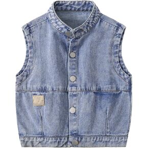 Boys Sleeveless Denim Jacket Distressed Jean Vest Kids Girls Waistcoat Outerwear Stand-Up Collar Button Down Top