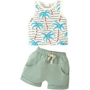 Toddler Boys Prints Vest Outfit Botanical Prints Sleeveless Tops Summer Drawstring Solid Shorts Kid Suspender Shorts Set