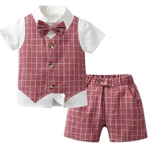 Toddler Boys Short Sleeve T Shirt Tops Plaid Prints Vest Coat Shorts Child Kids Gentleman Toddler Outfits for Boys