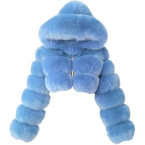 iQKA Women Short Faux Fur Coat Cropped Fluffy Jacket Hooded Winter Warm Fuzzy Splicing Jackets Long Sleeve Outerwear