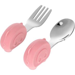 SUPVOX 1 Set Stainless Steel Utensils Set Training Fork and Spoon for Heat Resistant Safe Handles for Learning to Eat Pig Design Stainless Steel