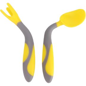 Milisten 1 Set Training Tableware Curved Yellow Spoon Fork Utensils for Design Non Slip Handle for Learning to Eat