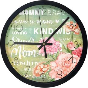 Wall Clock Carnation Flower Mother Baby Battery Operated Clocks 10 Inch Silent Non-Ticking Wallclock Super Mom Kind Wise Round Wall Clocks for Living Room Bedroom Kitchen Office Home Decor