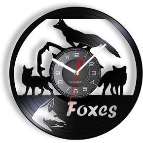 12 Inch Decorative Wall Clock Foxes Family Vinyl Record Clock Woodland Nursery Kid Room Woodland Animals Wall Art Modern Design Home Decor Wall Clock for Room Decoration
