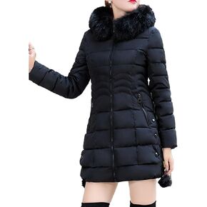 JEsilunmaMY Women's Slim Fur Hood Puffer Jacket Mid Length Insulated Quilted Jacket Solid Warm Winter Coats with Zip Pocket in Saudi Arabia