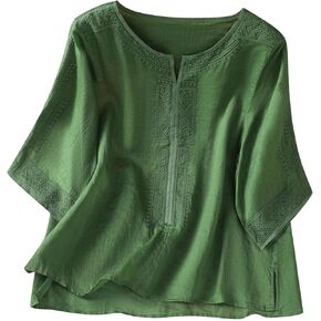 Summer Tops for Women Short Sleeve Crew Neck Boho Embroidery Linen Cotton Shirts Gauze Casual Dressy Blouse Outfits
