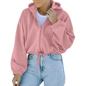 Women's Fashion Winter Coat Casual Solid Full Zip Up Cropped Sweatshirt Loose Drawstring Hoodie Long Sleeve Tops