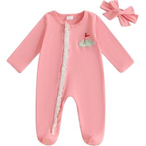 Seyurigaoka Newborn Baby Girl Cotton One Piece Footies Oblique Zipper Ruffle Golf Footed Romper Jumpsuit+Headband