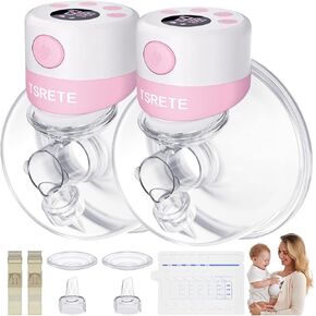 TSRETE Double Wearable Breast Pump, Electric Hands-Free Breast Pumps with 2 Modes, 9 Levels, LCD Display, Memory Function Rechargeable Milk Extractor-24mm Flange, Pink