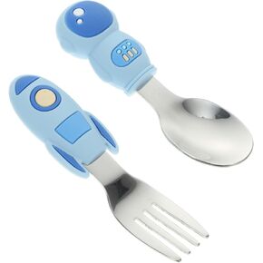 HANABASS 1Set Stainless Steel Utensils with Silicone Handle Fork Spoon for Self Feeding Durable Cute Design for Boys and present for Independence
