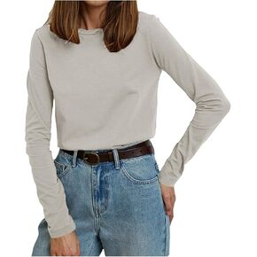 Women's Crew Neck Long Sleeve Shirts Basic Loose Fit Layering Tops Simple Classic Plain Color Pullover Fall Winter