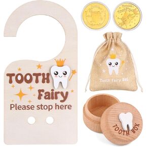 1 Set/4Pcs Wooden Tooth Fairy Box Tooth Fairy Door Hanger Tooth Fairy Box with Storage Pouch Gold Foil Reward Coin Wooden Doorplate Toot-h Fairy Coin