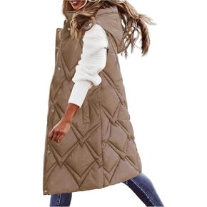 iLH Womens Sleeveless Long Coat Cotton Padded Full Zip Hooded Extra Long Vest with Pocket Windbreaker Jacket Coat for Women