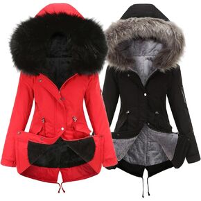 DGHM-JLMY Women's Mid Length Cotton Coats Classic Drawstring Thick Fleece Lined Coat Jacket Parka With Fluffy Hood 2 Pack