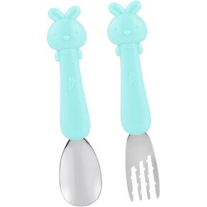 SUPVOX 1 Set Cartoon Fork and Spoon Short Handle Feeding Utensils for Non Slip Grip Smooth Edges Easy to Clean Tableware Blue