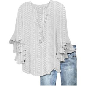 Women's 3/4 Sleeve Tops Eyelet Dressy Casual V Neck Blouses T Shirts Flowy Shirts Ruffles Hem Trendy Elegant Blouse