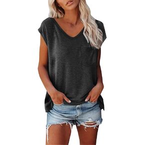 Cap Sleeve V Neck T Shirts for Women Solid Color Summer Tops Dressy Casual Beach Vacation Tank Tops with Chest Pocket