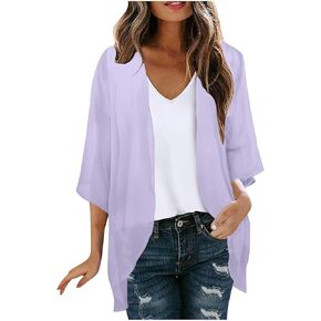 Womens Elbow Sleeve Chiffon Kimono Cardigan UV Sun Protection Rash Guard Front Open Cardigan Cover Ups Shrugs
