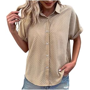 Womens Summer Tops Short Sleeve T-Shirts Business Casual Fashion Clothes Polka Dots Button Down Blouse Loose Outfits