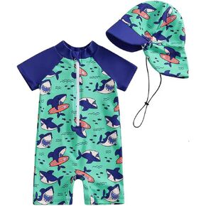 Baby Boy Jumpsuit Swimsuit Toddler 2 Piece Short Sleeve Zipper Swimwear with Hat Beach Rash Guard Bathing Suit Swimwear