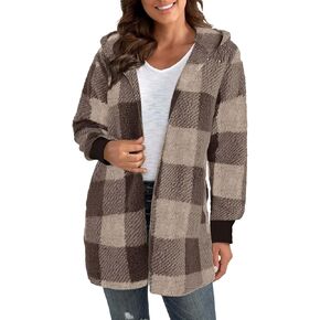 Shirts Jackets 2024 Warm Plush Hooded Jackets Up Button Cardigan Trendy Plaid Fuzzy Outerwear Womens Casual Plaid