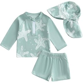 Toddler Baby Boy Swimsuit Long Sleeve Zip Tops with Shorts Hat Rash Guard Swimwear Bathing Suit UPF 50+
