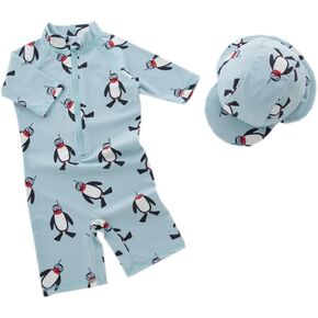 stylesilove Little Boys Cute Penguin One-Piece Rash Guard with Sun Hat 2 pcs Green Swimsuit Beach Swimwear