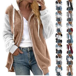 Winter Coats for Women Plus Size Fuzzy Sherpa Fleece Jacket Color Block Hooded Teddy Coats Outerwear with Pockets