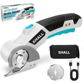 SHALL 4V Cordless Electric Scissors, Rechargeable Cardboard Cutter, Rotary Electric Box Cutter w/Safety Lock, LED Light & Replacement Blade for Fabric, Leather, Carpet, Cardboard & Plastic, Pink/Grey