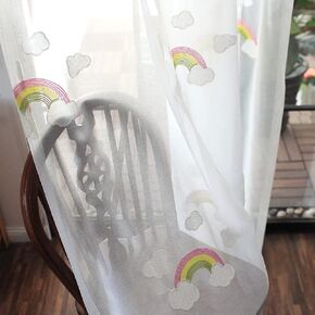 Linen Sheer Curtains Window Treatments Rod Pocket for Living Room Bedroom Rainbow Embroidery Boy Girl Bedroom (2 Panels, W 54 x L 63 inch, White)