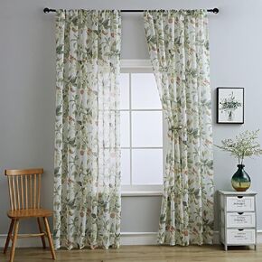 Linen Sheer Curtains Window Treatments Rod Pocket for Living Room Bedroom American Style Printed Cotton Linen Semi (2 Panels, W 54 x L 72 inch, White)