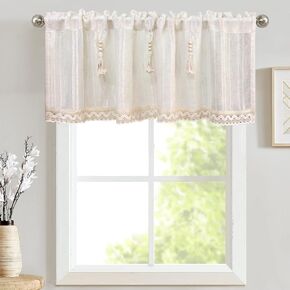 Striped Kitchen Valance Linen Short Curtain With Tassel Decor for Bathroom Light Filtering Privacy Farmhouse Semi Sheer Curtain Valance Tiers Living Room Small Window 1 Panel W59 x L18 inches Length