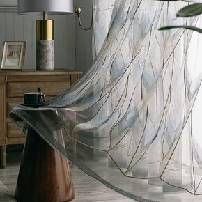 Linen Sheer Curtains Window Treatments Rod Pocket for Living Room Bedroom Embroidered Modern Geometric Elegant (2 Panels, W 54 x L 90 inch, Grey)