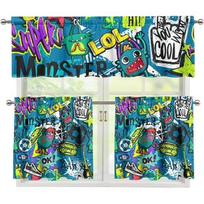 Hippie Graffiti Valance Curtains for Kids, Funny Cartoon Messy Hip Hop Fashion Doodles Inkjet Spray Green Print Decor Window Treatments, Drapes for Boys Teen Room Bedroom, 54x18in 1P+27x24in 2P