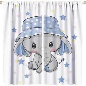 Cartoon Cute Elephant Curtain Nursery Baby Elephant with Blue Hat Windows Drapes for Nursery Room Kids Room Gifts for Boys and Girls Rod Pocket 2 Panels 21W x 45L