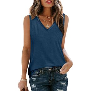 Sleeveless V Neck Basic Tee Shirts for Women Solid Color Tank Tops Loose Fit Pullover Vest Summer Beach Vacation Tops