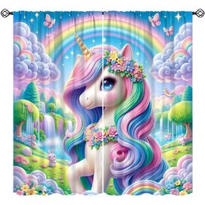 Unicorn Princess Curtains,Flowers Colorful Ombre Rainbow Dreamy Clouds Butterflies Decor Rod Pocket Window Treatments for Girls Kids Baby Room Living Room Nursery Drpaes 41" W X 45" L