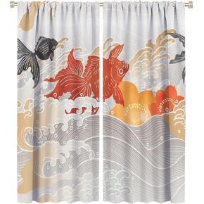Japanese Koi Fish Curtains, Ocean Wave Koi Asian Style Window Treatments Curtains for Bedroom Kitchen Living Room Home Decor W42xL54in