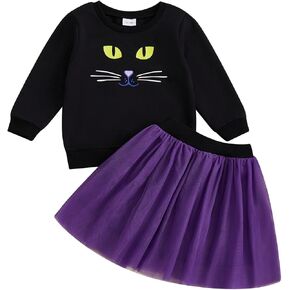 GOOCHEER Infant Toddler Baby Girl Halloween Outfit Black Cat Long Sleeve Sweatshirt Tops Tulle Tutu Skirt Set Clothes Fall