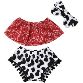 stylesilove Baby Girls Cowgirl Red Bandana Top with Pom Pom Trim Bloomers and Headband 3pcs Outfit