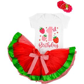 Infant Baby Girls 1st Birthday Straberry Outfits Romper with Headband + Tutu Skirt Toddler Princess Dress