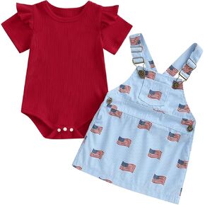Karuedoo Toddler Baby Girl 4th of July Outfit Short Sleeve Ribbed Romper American Flag Overall Dress Set Patriotic Clothes