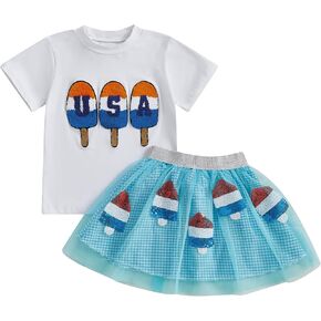 Kayotuas 4th of July Toddler Girl Outfit USA Porsicle T-Shirt Blue Plaid Tulle Skirt مجموعة صغيرة الفتيات الرابع من يوليو