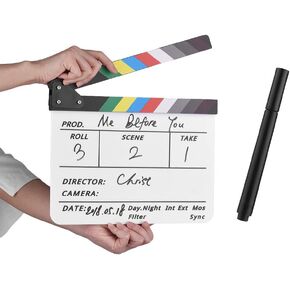 Andoer Dry Erase Acrylic Director Film Clapboard Movie TV Cut Action Scene Clapper Board Slate with Marker Pen, Black/White Stick, White