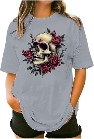 Womens Vintage Floral Skull Graphic Tee Shirts Summer Short Sleeve Tops Oversized Tshirts Trendy Casual Loose Blouse in Kuwait