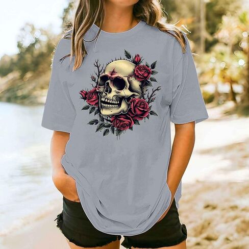 Womens Vintage Floral Skull Graphic Tee Shirts Summer Short Sleeve Tops Oversized Tshirts Trendy Casual Loose Blouse in Kuwait
